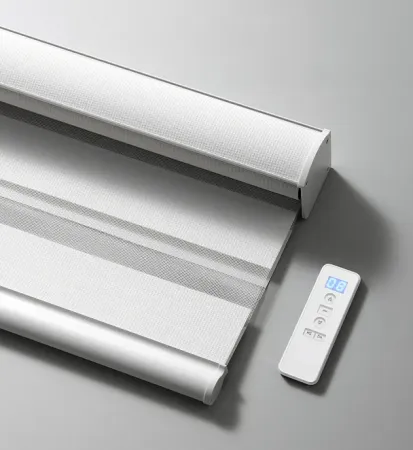 Motorized smart shades controlled by voice assistant in modern home