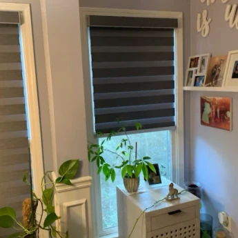 Dark wood plantation shutters in Duluth dining room bay window