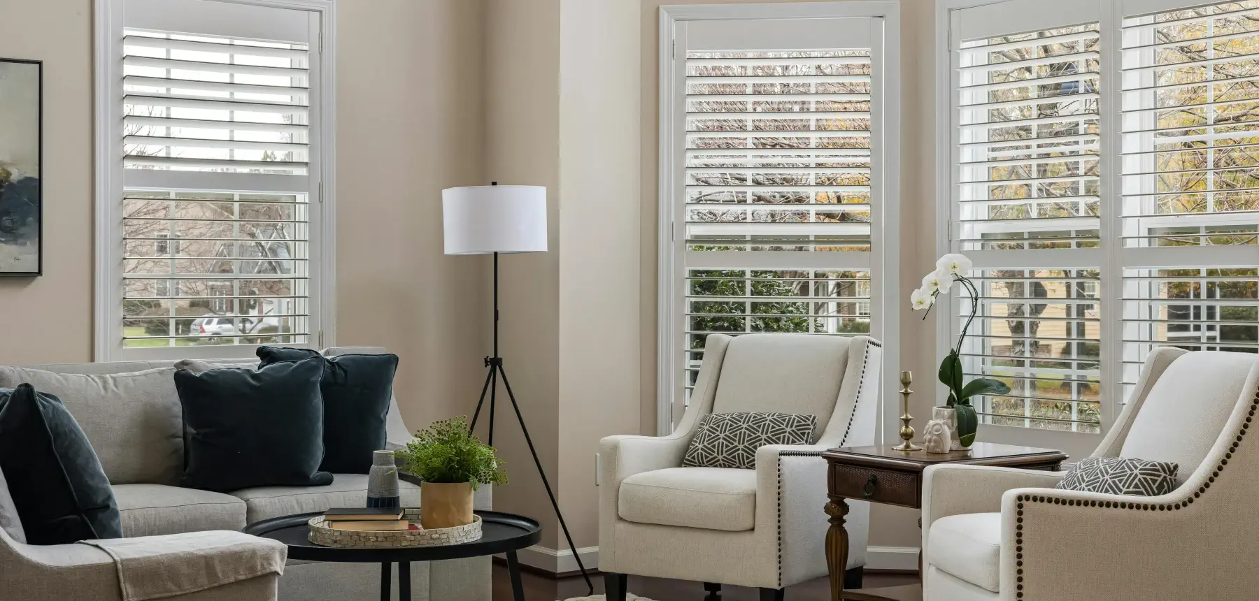 custom plantation shutters in elegant living room